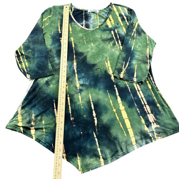 Ninedaily Top Women Sz XXL Green Yellow Rayon Stretch Asymetric Boho Artsy Tunic - Picture 10 of 11